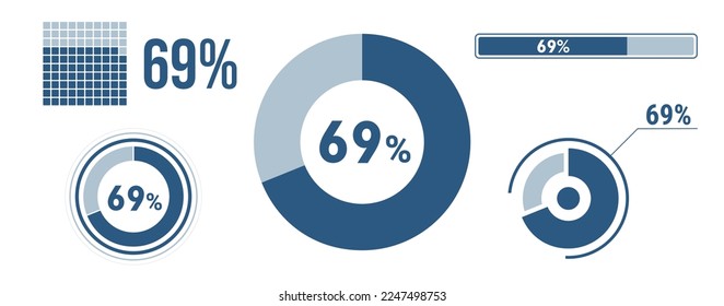 69 percent loading data icon set. Sixty-nine circle diagram, pie donut chart, progress bar. 69% percentage infographic. Vector concept collection, blue color.