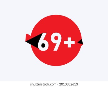 69 más iconos de límite de edad, signo plano de restricción de 69+ aislado en fondo blanco