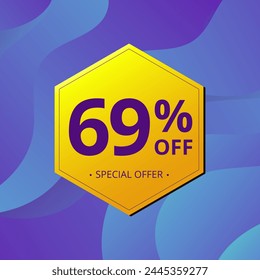 69% Sale and Discount Label. Sixty nine percent Sale Discount label Geometric design. Abstract Blue and Yellow Hexagon. Vector illustration.