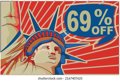 69% sixty-nine percent promotion red blue discount statue of liberty 4th july holiday independence day