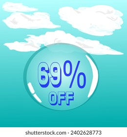 69% burbuja transparente de jabón en cielo azul para descuento y promoción, colores azul y blanco