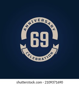 69 Year Anniversary Celebration with Golden Color for Celebration Event, Wedding, Greeting card, and Invitation Isolated on Blue Background