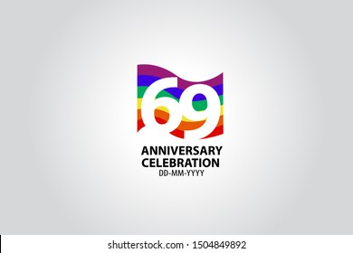 69 year anniversary celebration logotype with white number Emboss Style isolated on LGBT Colorful Flag on white grey background for invitation card, banner or flyer - vector