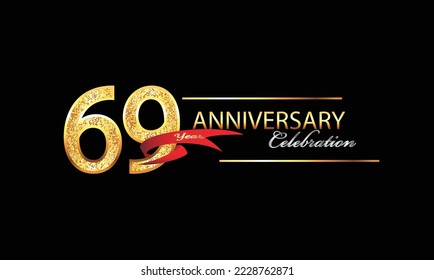 Celebración del 69 Aniversario Diseño vectorial. Celebración del 69° Aniversario. Banner de lujo de oro de la celebración del 69º Aniversario con cinta roja y brillo. Celebración del fondo. Aniversario del vector