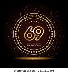 69 year anniversary logo design with double line numbers in gold color, vector template