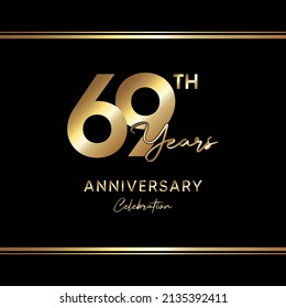 69 years anniversary celebration. Anniversary logo with golden color isolated on black background, vector design for celebration, invitation card, greeting card, and banner