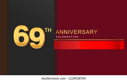 69 years anniversary celebration logotype golden color with red ribbon elegant design for anniversary celebration, invitation card, and greeting card.
