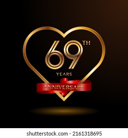 69 years anniversary celebration logotype with gold color and ribbon for booklet, leaflet, magazine, brochure poster, banner, web, invitation or greeting card. Vector illustrations.