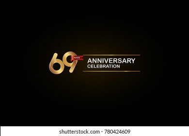 69 Years Anniversary Celebration Logotype with Golden, Silver and Red Ribbon Isolated on Black Background. Vector Design for Invitation Card, Greeting Card, Banner. 