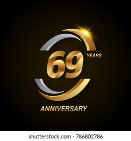 69 Years Anniversary Celebration Logotype. Golden Elegant Vector Illustration with Swoosh, Isolated on Black Background can be use for Celebration, Invitation, and Greeting card