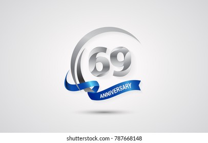 69 Years Anniversary Celebration Logotype. Silver Elegant Vector Illustration  with Swoosh,  Isolated on white Background can be use for Celebration, Invitation, and Greeting card