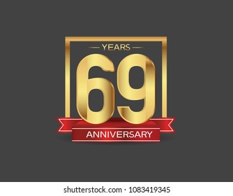 69 years anniversary design logotype golden color with square and red ribbon for celebration event isolated on black background