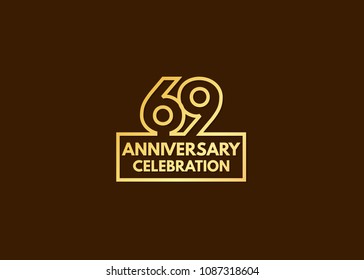 69 years anniversary design, with number formed from line connected with gold square  for celebration event isolated on brown background