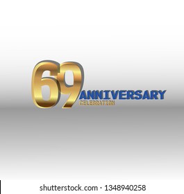 69 years Anniversary golden font with white background. golden number with blue and golden text. Simple design anniversary. Shadow in behind number and text. Elegant simple design