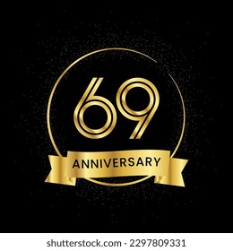 69 years anniversary inside a golden circle and glitter spread on a black background. Golden number anniversary