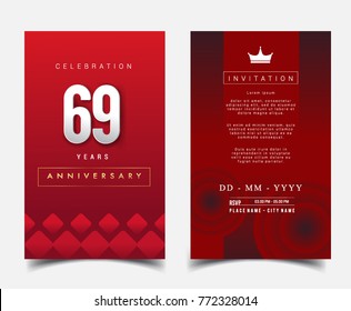 69 Years Anniversary Invitation/Greeting Card with Flat Design and Elegant, Isolated on Red Background. Vector illustration.