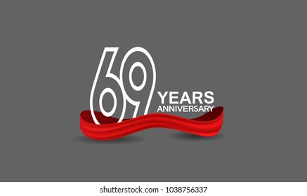69 years anniversary line style white color with red color ribbon isolated on dark grey background