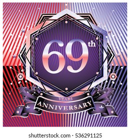 69 years anniversary logo celebration with ring and ribbon. Symbol and template for greeting card