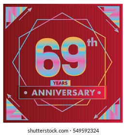 69 years anniversary logo celebration with ring and ribbon. Greeting card and cover template.