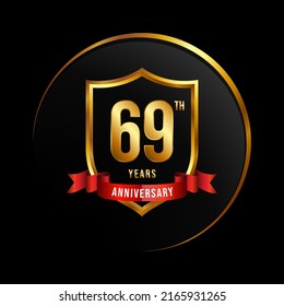 69 years anniversary logo with golden shield and ribbon for booklet, leaflet, magazine, brochure poster, banner, web, invitation or greeting card. Vector illustrations.