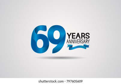 69 years anniversary logotype design with blue color and ribbon isolated on white background for celebration event