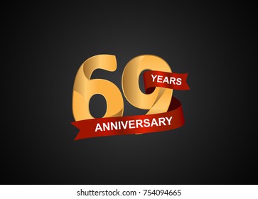 69 years anniversary logotype with elegance gold color and warp red ribbon