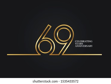 69 Years Anniversary logotype with golden colored font numbers made of one connected line, isolated on black background for company celebration event, birthday