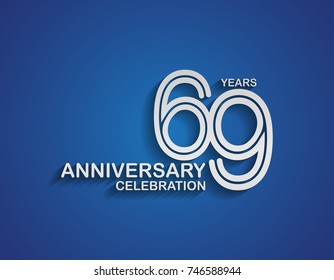 69 years anniversary logotype linked line number with silver color for celebration event isolated on blue background