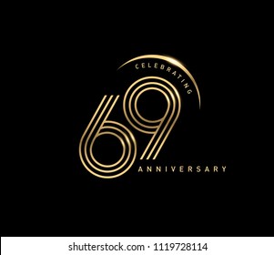 69 years anniversary logotype with swoosh line golden color for celebration. Anniversary logo with ring and elegance golden color isolated on black background