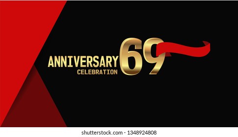 69 years Anniversary simple design with golden font and red ribbon, black and red background. red ribbon on the second font. elegant and simple design