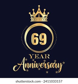 69 Years Anniversary template design, with shiny ring and red ribbon, laurel wreath isolated on black background, logo vector