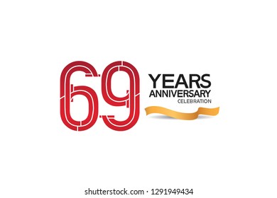 69 years anniversary template with red color number and golden ribbon