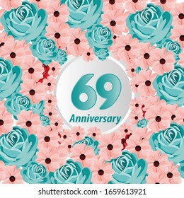 69 Years anniversary. Vector design greeting card with decorative floral for celebration