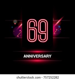 69 Years Anniversary vector logo design using neon style with flare ornament isolated on dark background