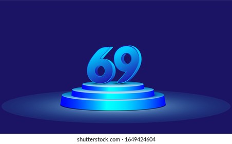 69 Years Anniversary Vector Template Design Illustration. Blue 3d Numbers with podium stage for celebration
