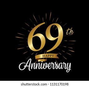 69 years gold anniversary celebration simple logo, isolated on dark background