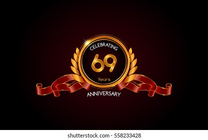 69 years gold anniversary celebration logo with red ribbon , isolated on dark background