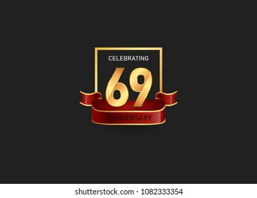 69 years golden anniversary design logotype gold square and red ribbon for celebration event, isolated on black background