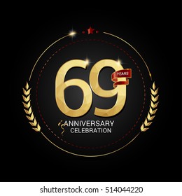 69 years golden anniversary logo with red ribbon, low poly design number, isolated on black background