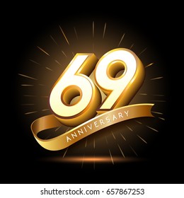 69 years golden anniversary logo celebration with firework and ribbon