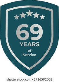 69 años de servicio Placa de escudo verde azulado con cinco estrellas