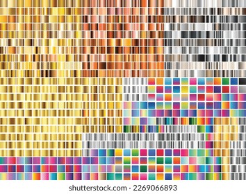 690 Gradient Colors Template Metal gradient. Color set. Metallic collection. Gold, silver, pearl, bronze palette. Color collection. Steel, iron, aluminium, tin. Holographic background. Chrome texture.