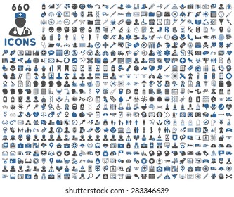 690 medical service, health care, pharmacy business, drugstore, science icons. Icon set style: bicolor flat, cobalt and gray vector symbols, rounded angles, white background.