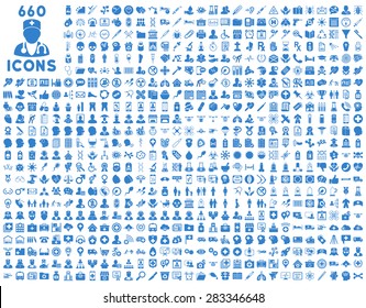 690 medical service, health care, pharmacy business, drugstore, science icons. Icon set style: flat, cobalt vector symbols, rounded angles, white background.