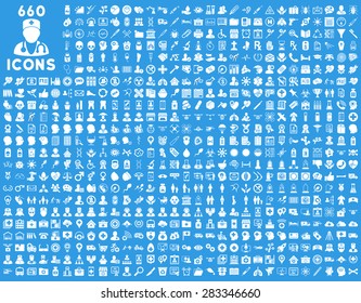 690 medical service, health care, pharmacy business, drugstore, science icons. Icon set style: flat, white vector symbols, rounded angles, blue background.