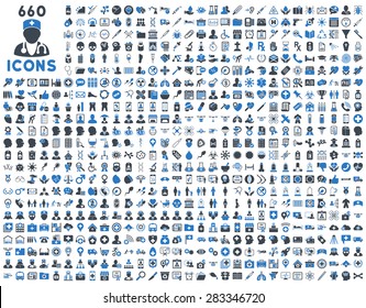 690 Medical Service, Health Care, Pharmacy Business, Drugstore, Science Icons. Icon Set Style: Bicolor Flat, Smooth Blue Vector Symbols, Rounded Angles, White Background.