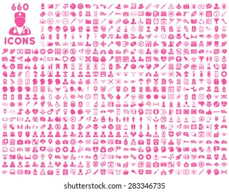 690 medical service, health care, pharmacy business, drugstore, science icons. Icon set style: flat, pink vector symbols, rounded angles, white background.