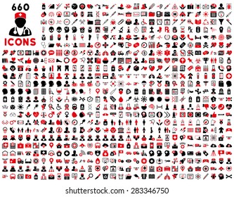 690 Medical Service, Health Care, Pharmacy Business, Drugstore, Science Icons. Icon Set Style: Bicolor Flat, Intensive Red And Black Vector Symbols, Rounded Angles, White Background.