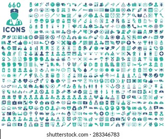 690 medical service, health care, pharmacy business, drugstore, science icons. Icon set style: bicolor flat, cobalt and cyan vector symbols, rounded angles, white background.