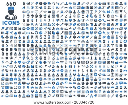 690 medical service, health care, pharmacy business, drugstore, science icons. Icon set style: bicolor flat, smooth blue vector symbols, rounded angles, white background.